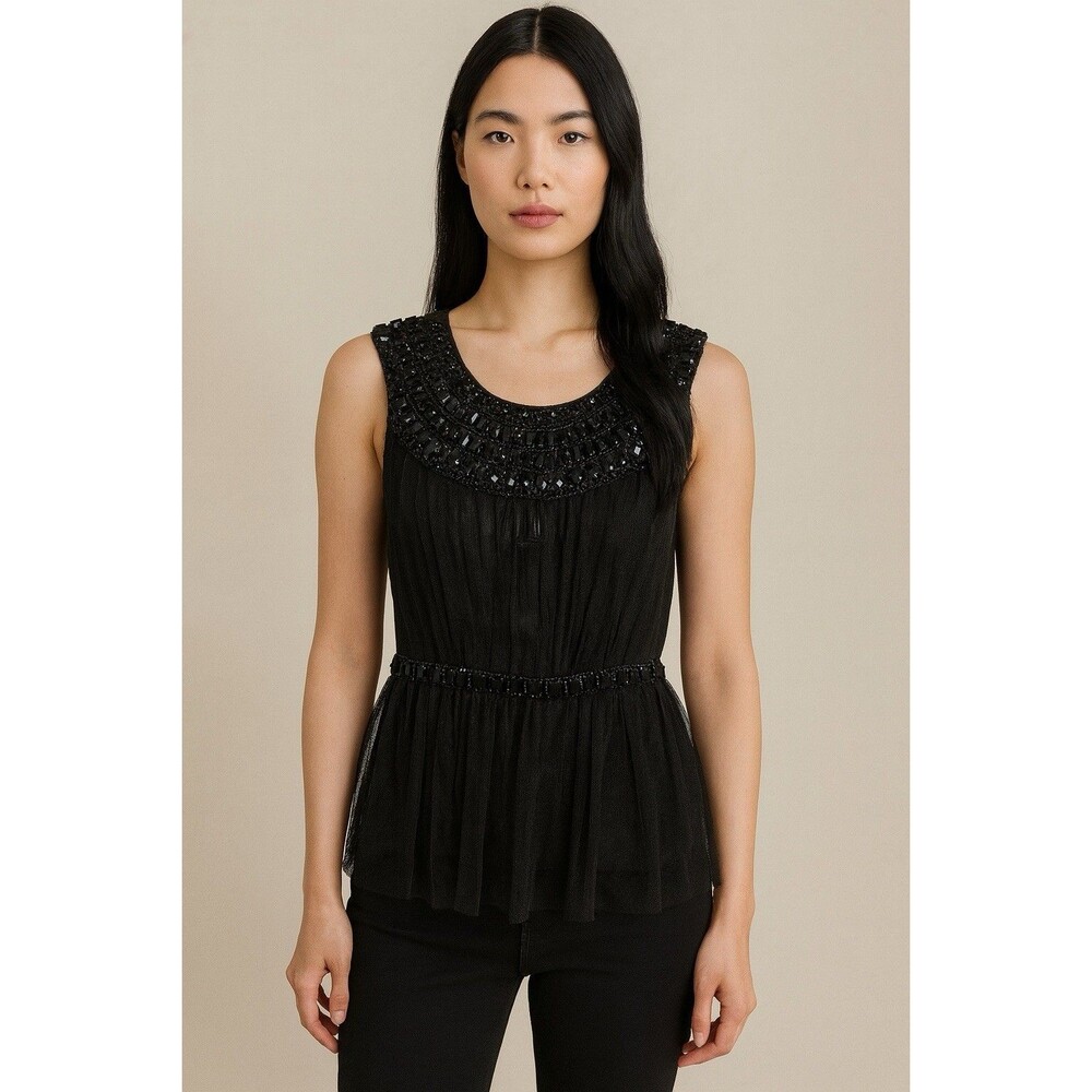 Black embellished peplum top mesh overlay beaded neckline & waist Size M